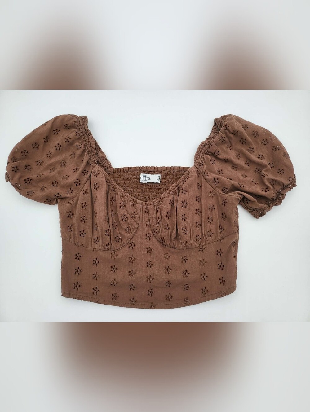 Hollister Brown Eyelet Puff-Sleeve Crop Top